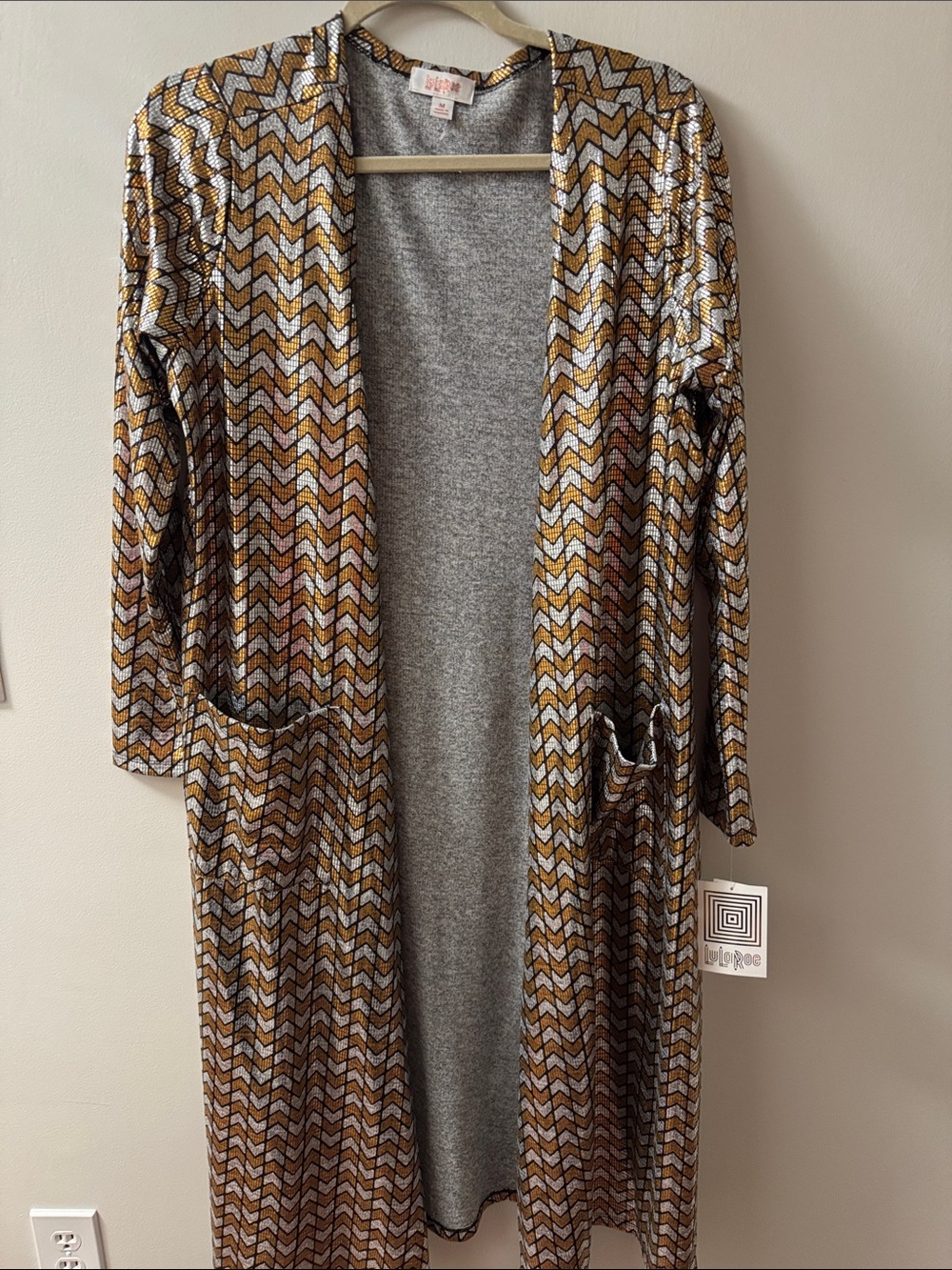 LuLaRoe Long Open Duster Cardigan - Gold Chevron